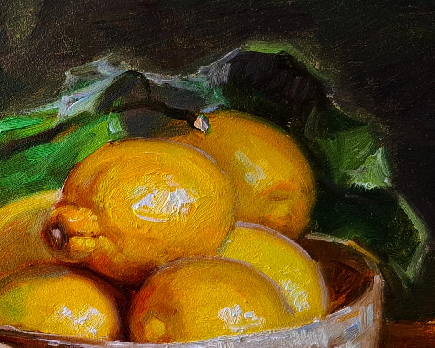 Oil painting Still life with lemons by Vyacheslav Pereta, vibrant yellow lemon