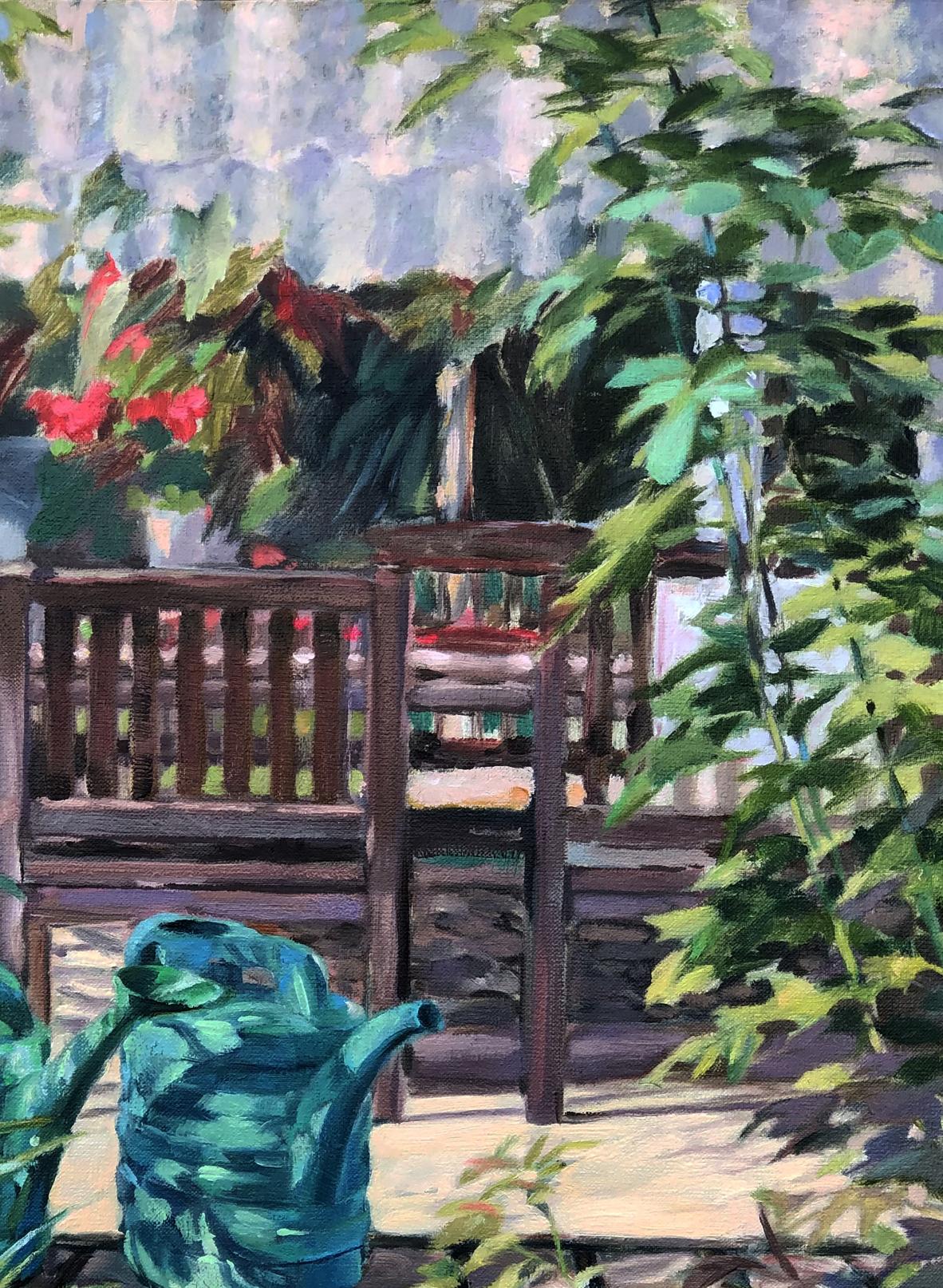 Teal ceramic watering can in Oksana Osnach Relaxing in the garden oil painting