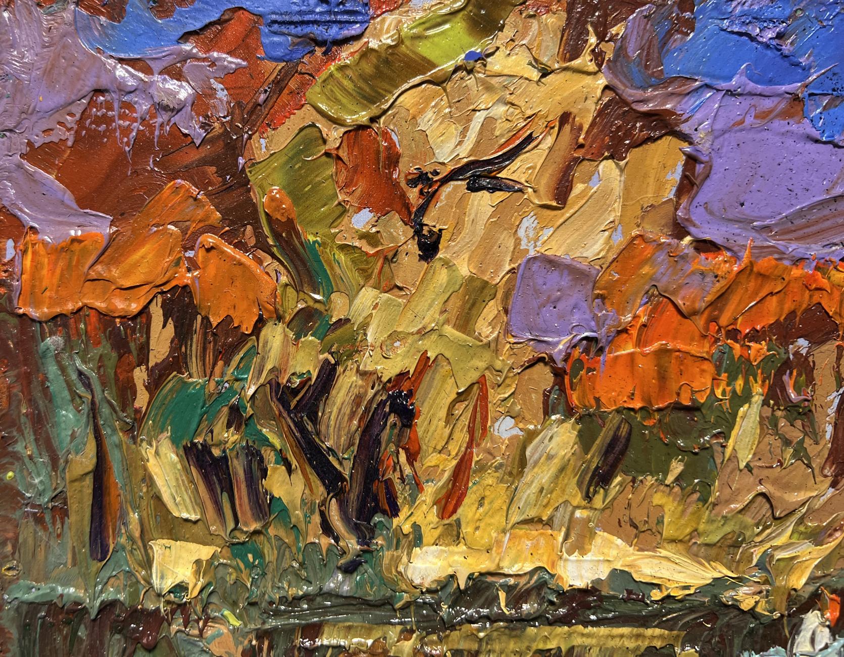 Oil painting Fishing in autumns by Oleksiy Ivanyuk, vibrant orange brushstrokes