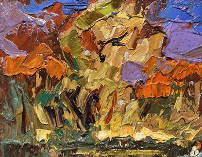 Oil painting Fishing in autumns by Oleksiy Ivanyuk, vibrant orange brushstrokes