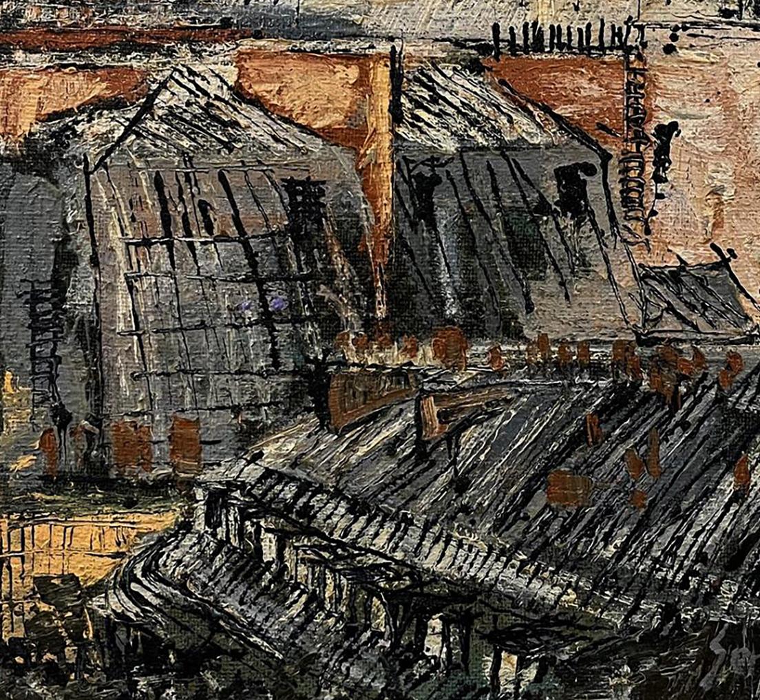 Oil painting Life in the City by Serhiy Kovalev, abstract industrial buildings