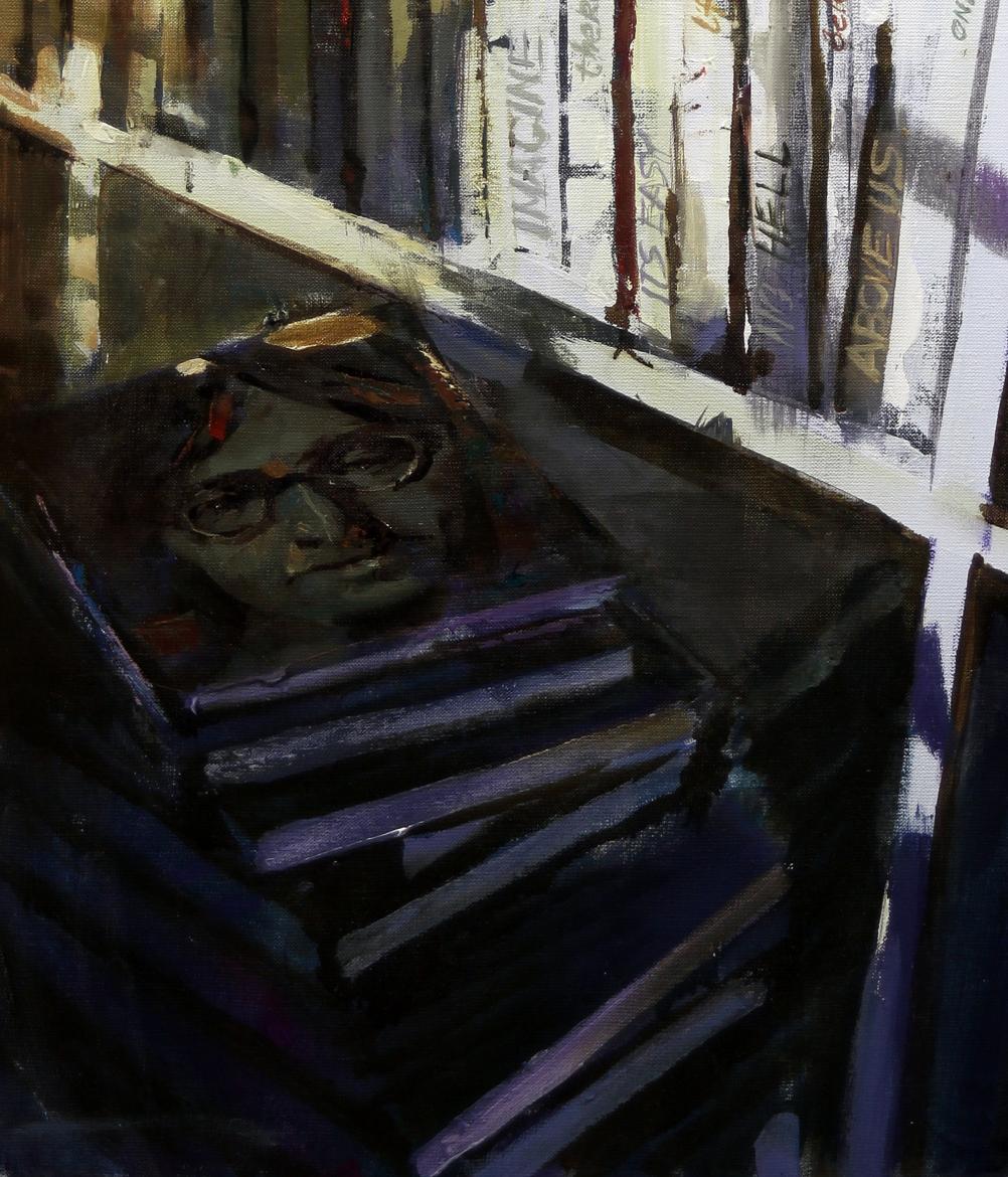 Dark textured oil painting Imagine Ed Potapenkov face with glasses on books