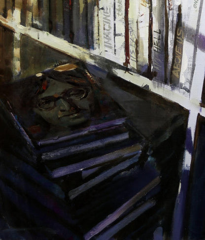 Dark textured oil painting Imagine Ed Potapenkov face with glasses on books