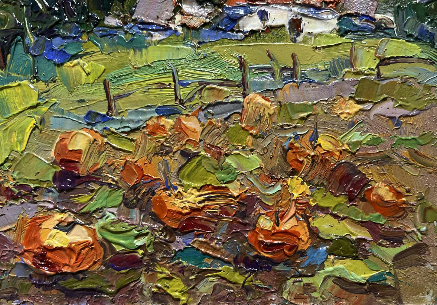 Impasto oil painting of pumpkins in garden with orange flowers by Oksana Ivanyuk