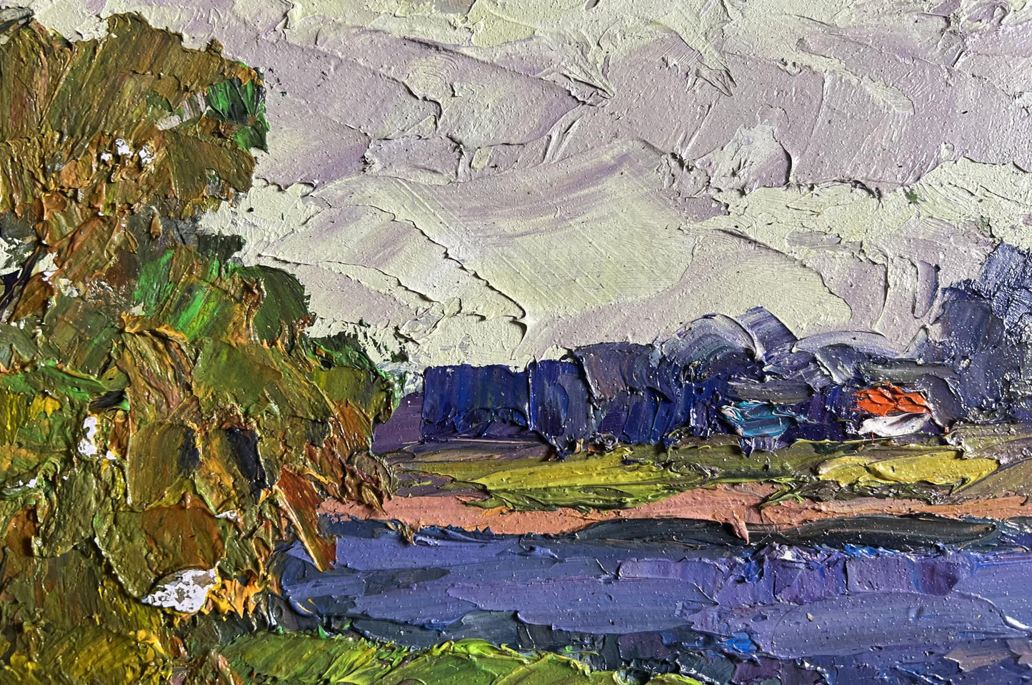 Impasto oil painting Road near the river by Boris Serdyuk with textured green foliage