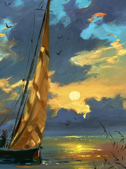 Oil painting of tall golden sailboat at sunset by Yuriy Suprunchuk