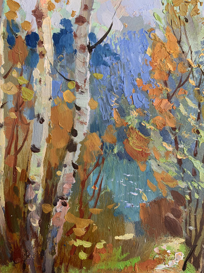 Impressionistic oil painting of autumn birch grove by Yuriy Suprunchuk