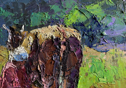 Textured impasto oil painting Lunch milking by Boris Serdyuk in purples reds greens