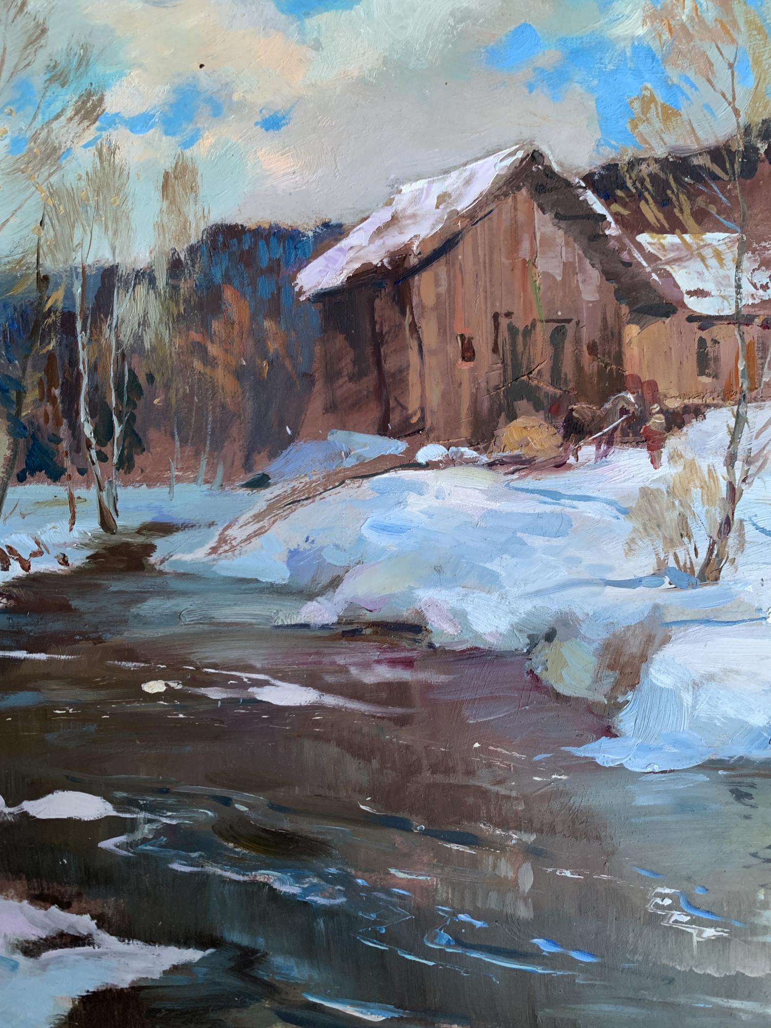 Rustic wooden barn by stream after night snowstorm, Yuriy Suprunchuk oil painting