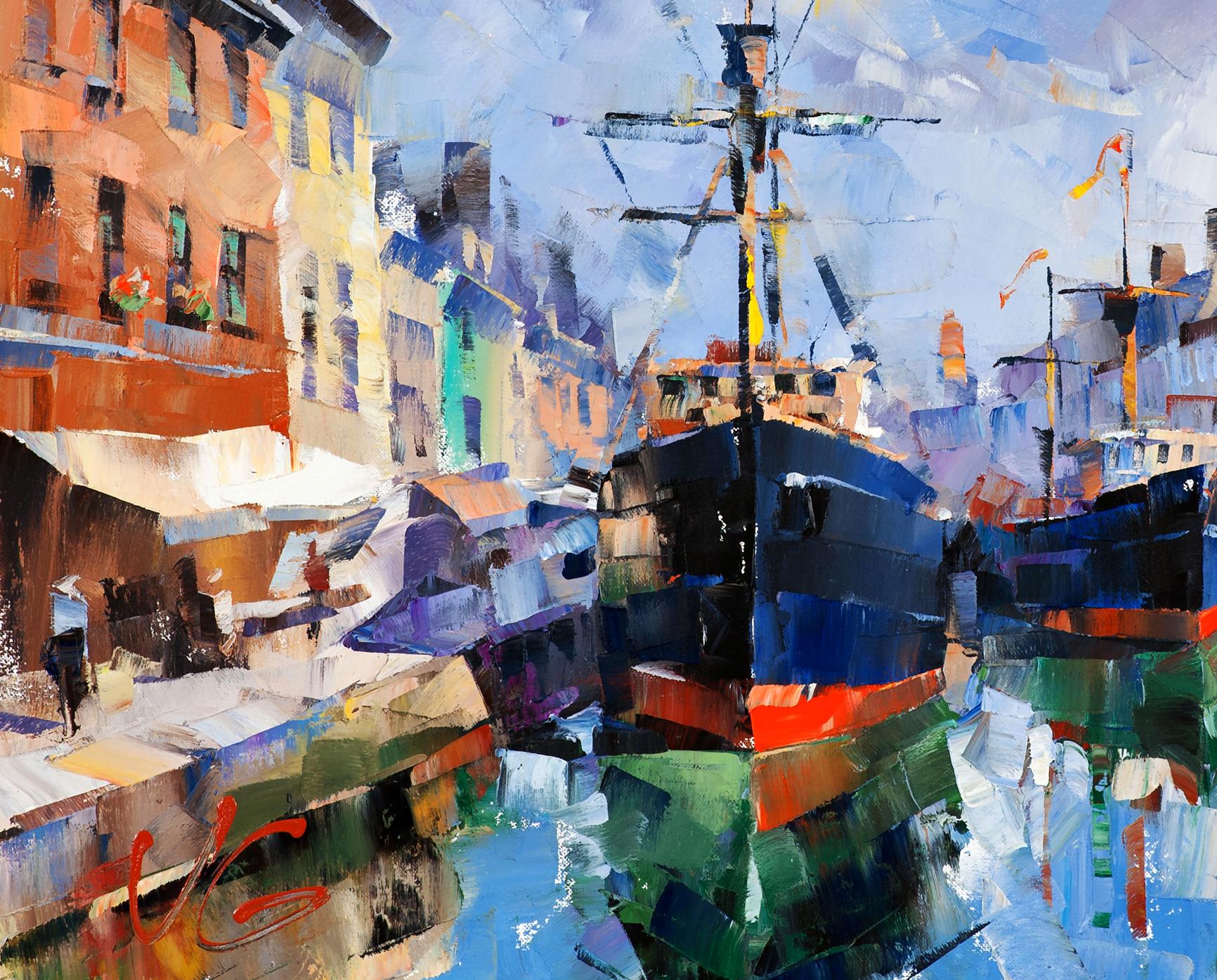 Vibrant impressionist oil painting of Port of Gandia harbor by Volodymyr Gluhomanyuk
