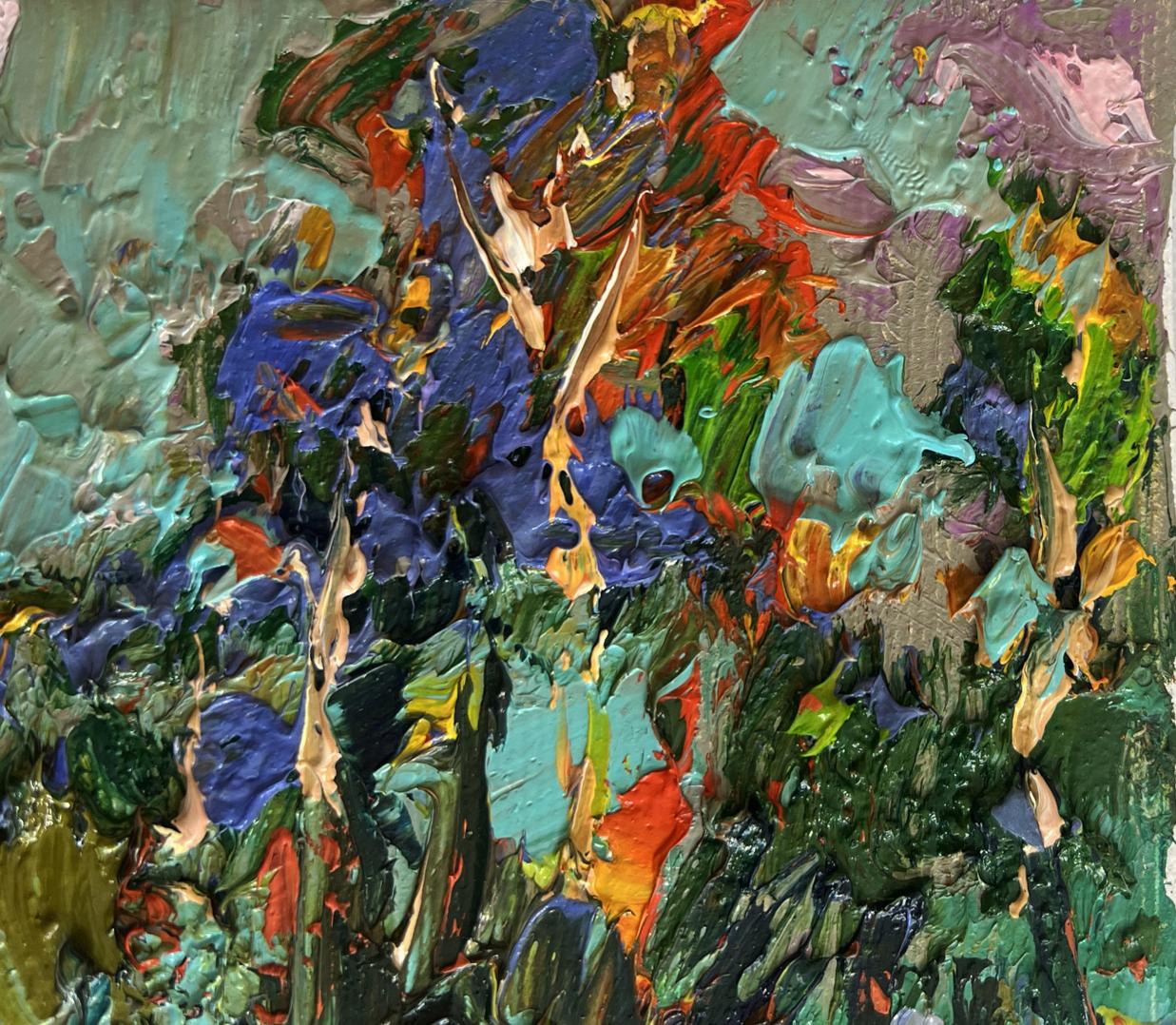 Vibrant Oleksiy Ivanyuk oil painting of haystacks in textured blues, greens, reds, purples