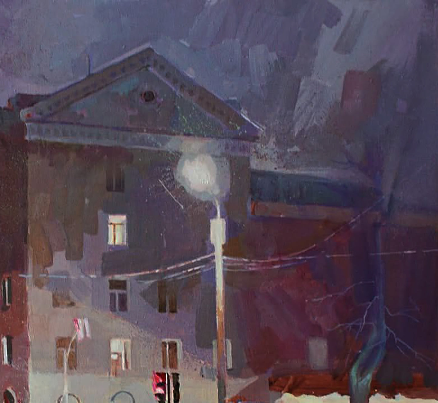 Oil painting Rain at the Crossroads by Anastasia Yaroshevich, twilight scene