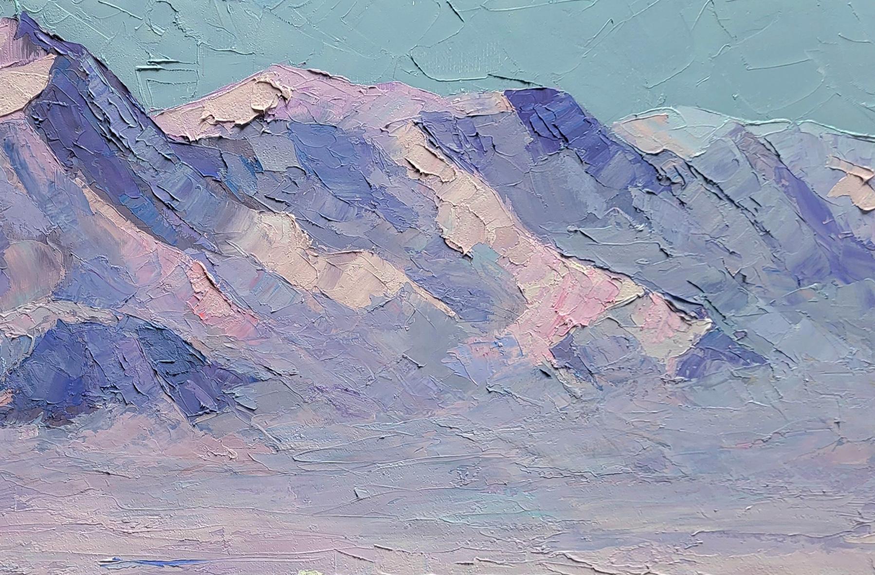 Oil painting Breath of the North Wind by Boris Serdyuk: purple mountain peaks