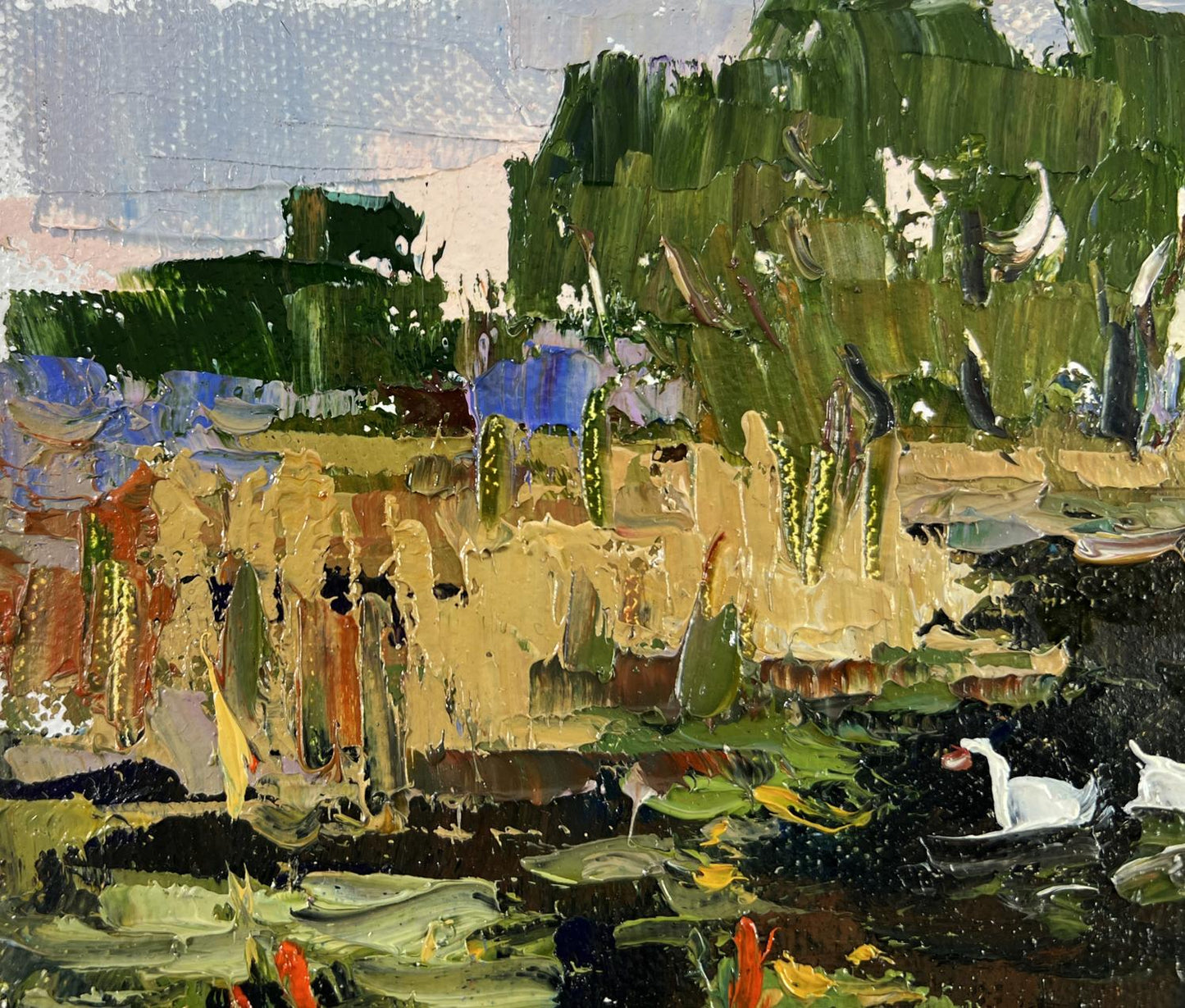 Impasto oil painting by Oksana Ivanyuk: geese in lake with lush green foliage, golden tones, swans