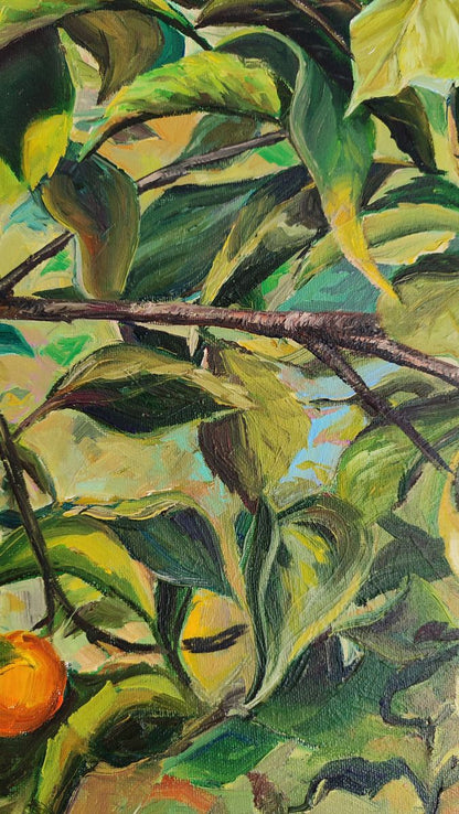 Oil painting of Japanese pear on tree by Oksana Sklym