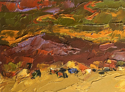 Oil painting of orange sunset over mountains by Oleksiy Ivanyuk