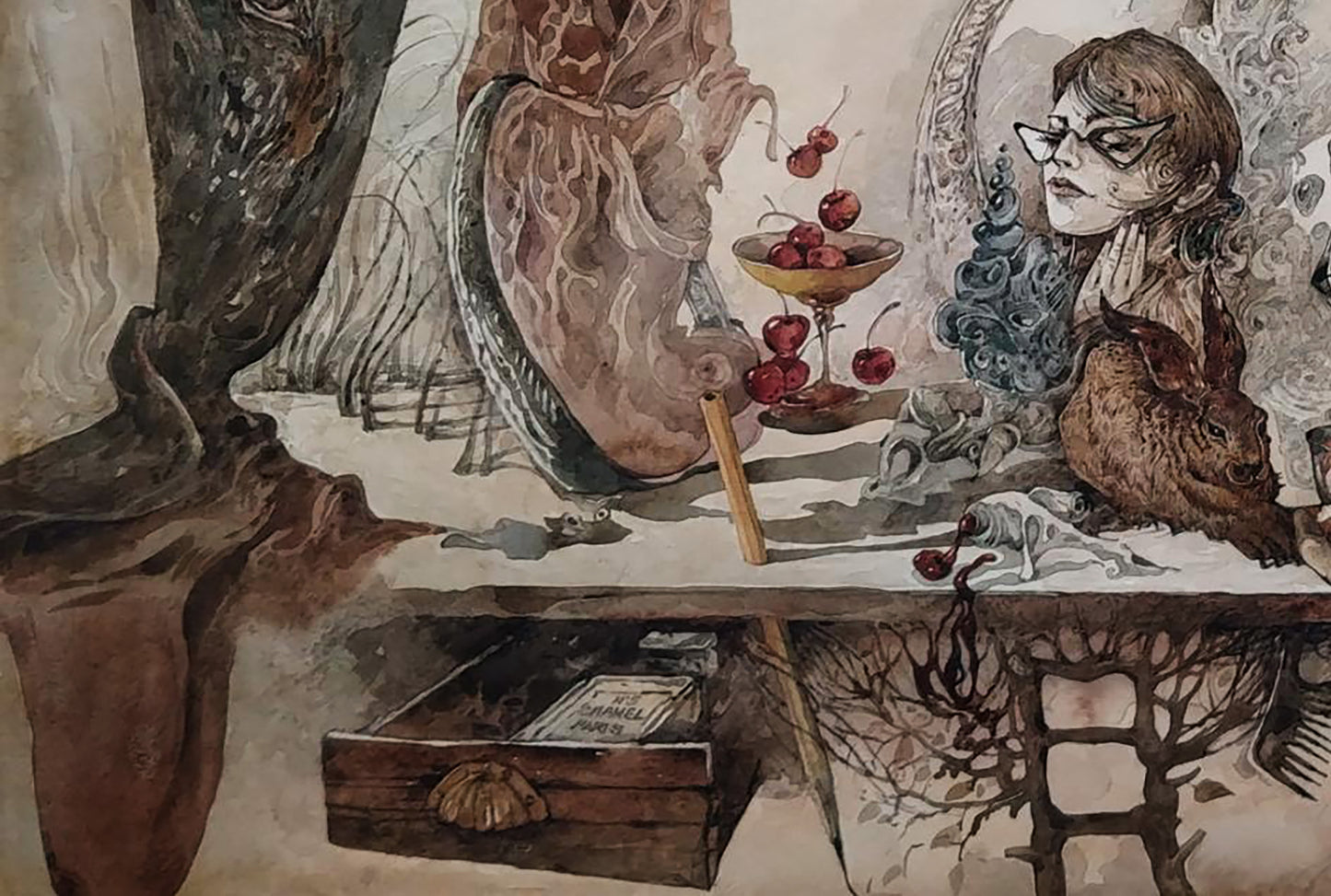 Watercolor woman with glasses by Dürer’s Rabbit mirror, Yuriy Laptev TikTok art