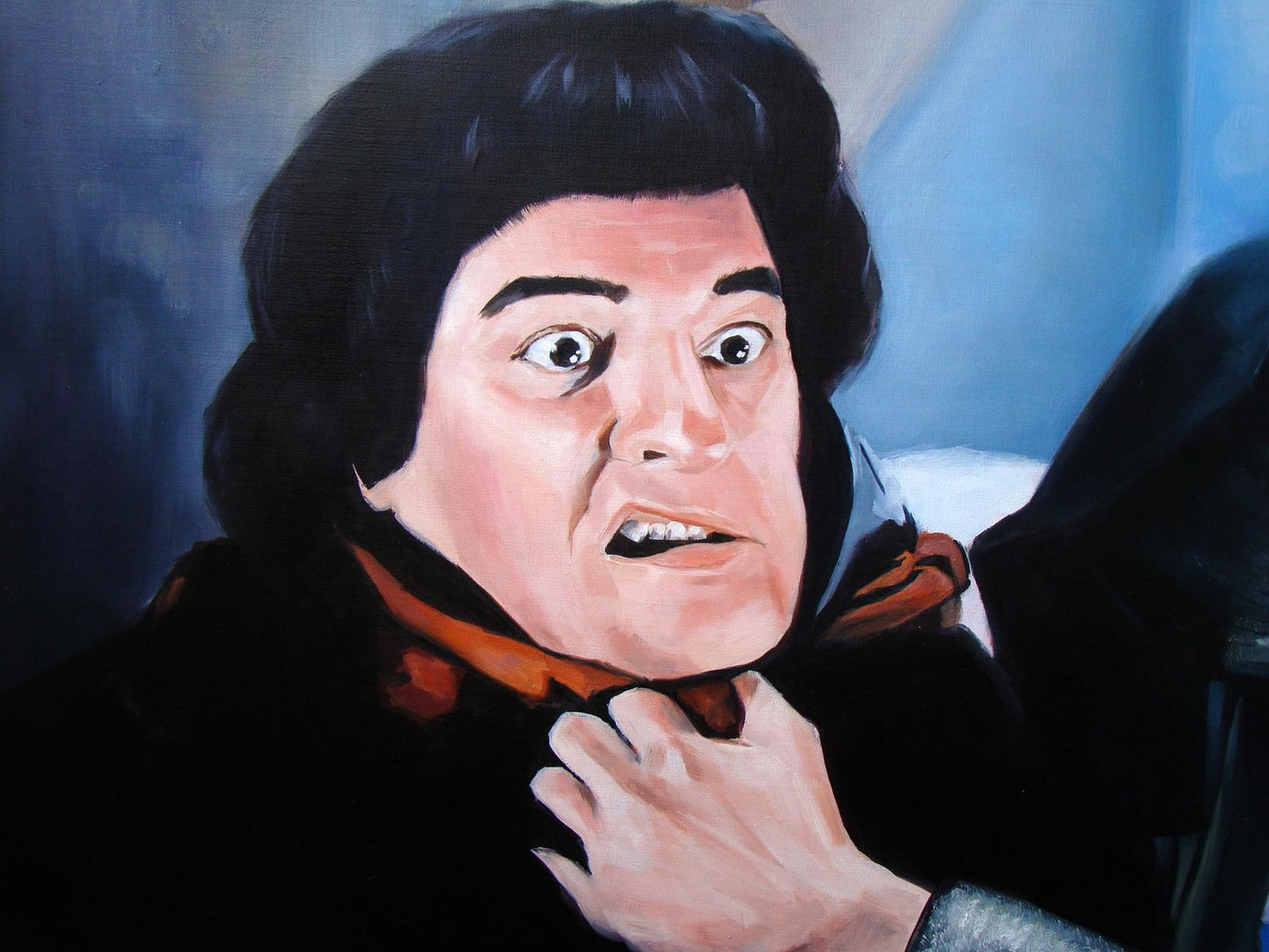 Oil painting Come on its not me by Yulia Lihina portrait with dark wavy hair orange scarf blue background