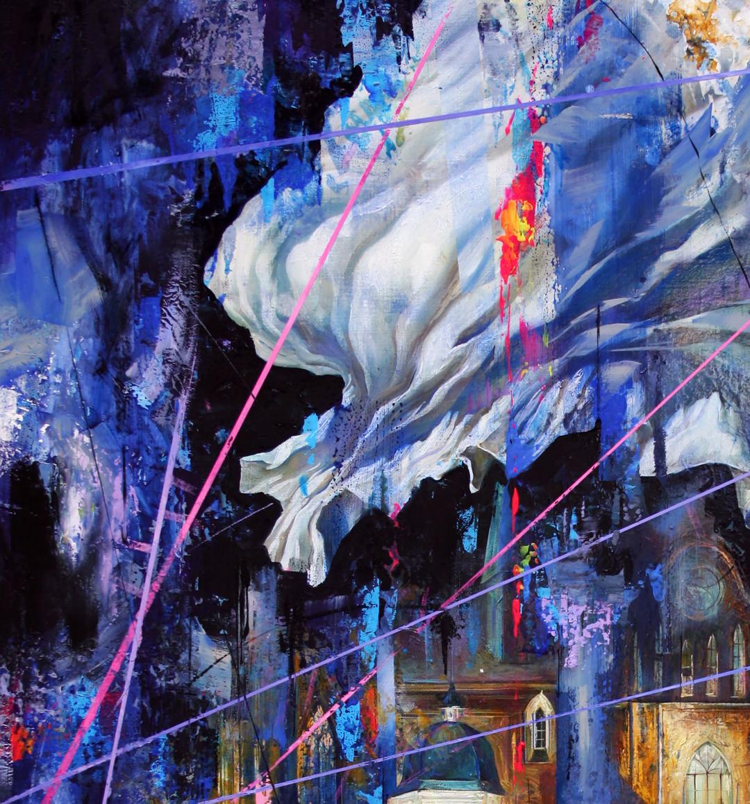 Oil painting Night on the Town by Alexander Dobrodiy, flowing white form on blue purple backdrop