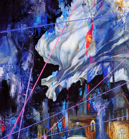 Oil painting Night on the Town by Alexander Dobrodiy, flowing white form on blue purple backdrop