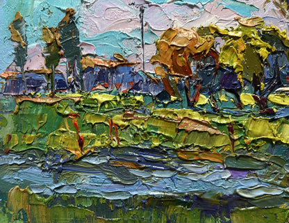 Oil painting Near the village lake by Oksana Ivanyuk, vibrant impasto landscape