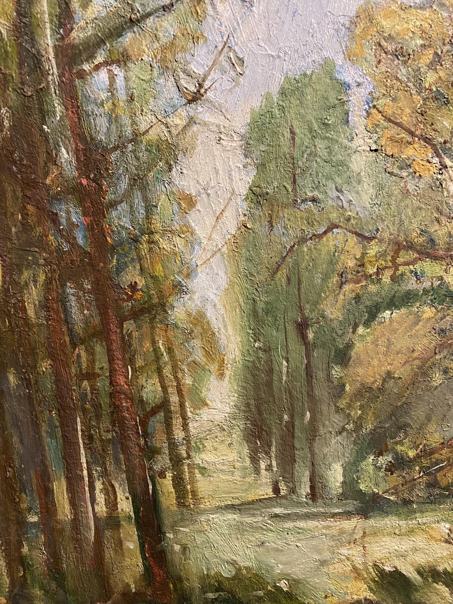 Oil painting of summer forest path in autumn hues by unknown artist