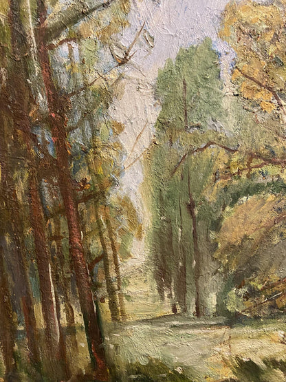 Oil painting of summer forest path in autumn hues by unknown artist
