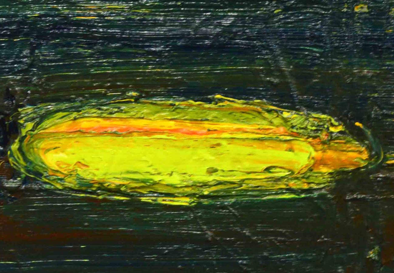 Oil painting Yellow Lake by Natalia Korf-Ivaniuk vibrant yellow surfboard