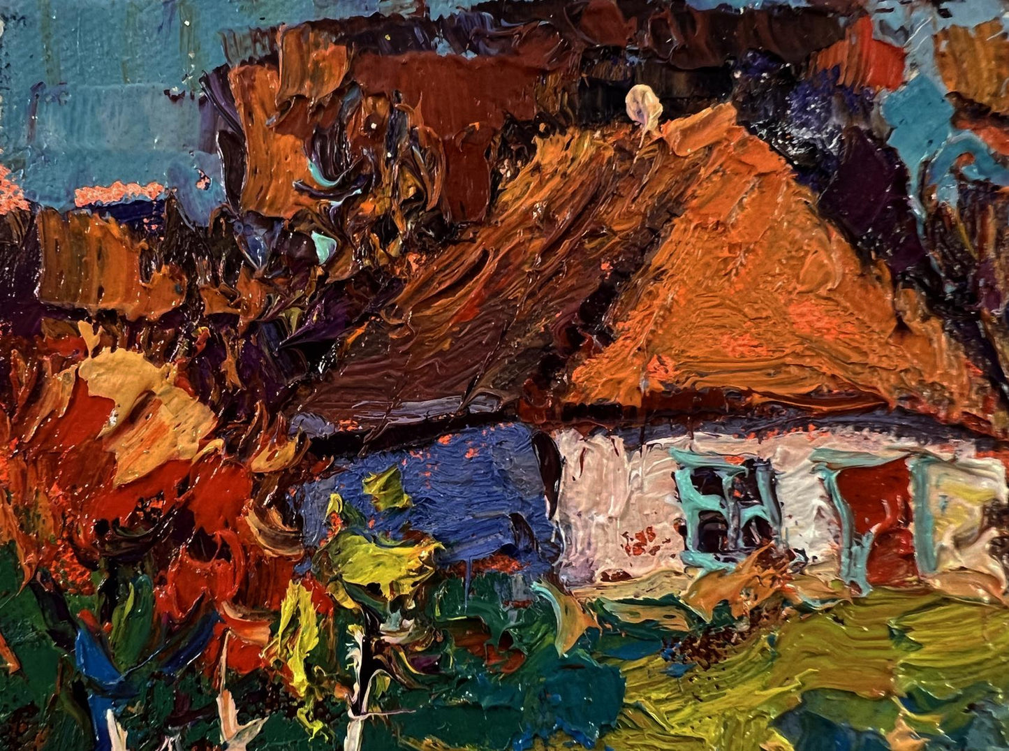 Vibrant impressionist oil painting The sun over the village by Oksana Ivanyuk