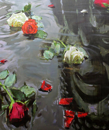 Oil painting by Budha Ed Potapenkov: floating red white roses in dark rippling water