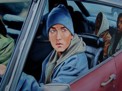 Oil painting of Eminem in blue beanie, gray hoodie in red car by Yulia Lihina