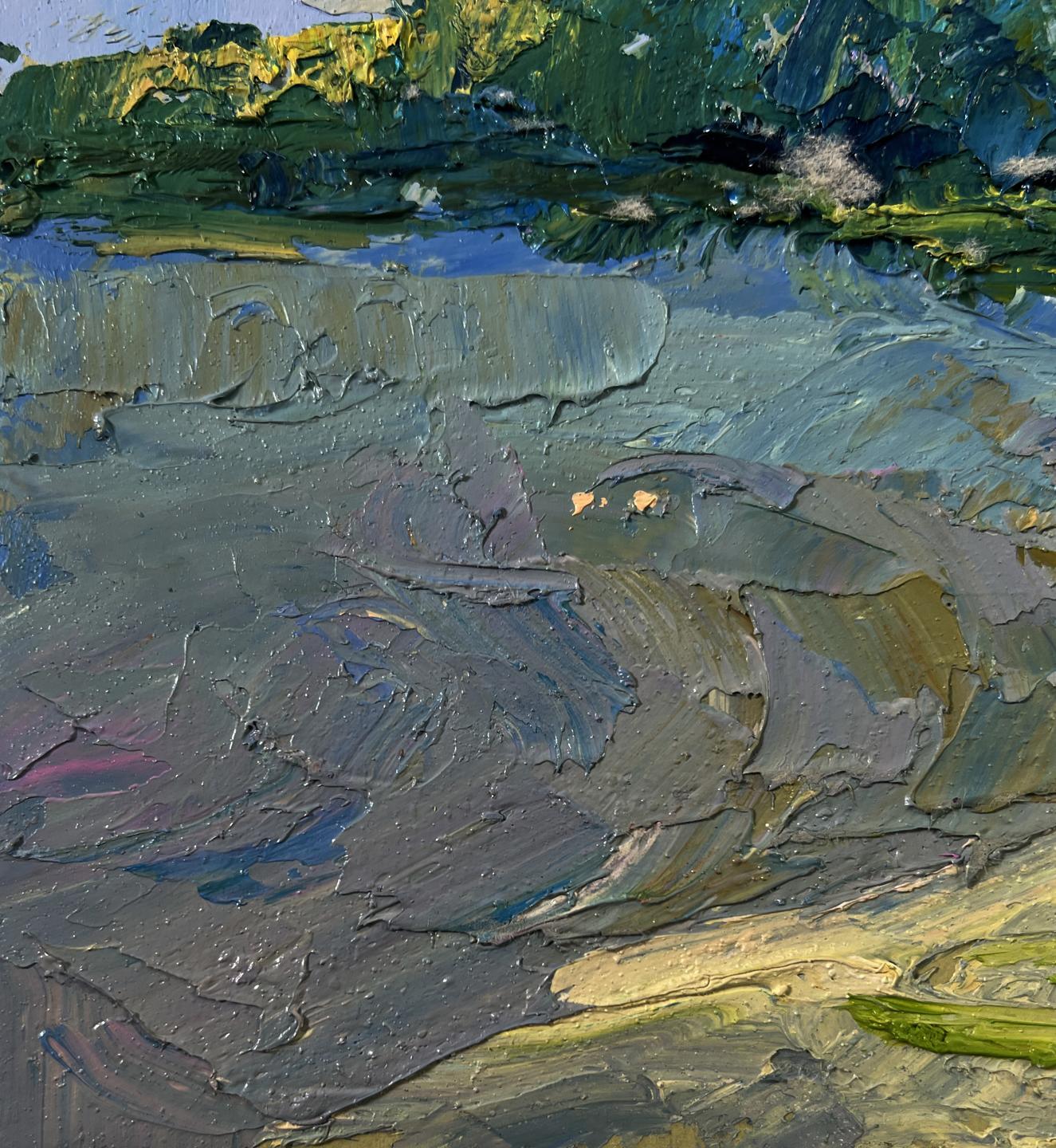 Oil painting of people relaxing on river by Boris Serdyuk, impasto green blue gray