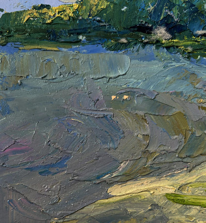 Oil painting of people relaxing on river by Boris Serdyuk, impasto green blue gray