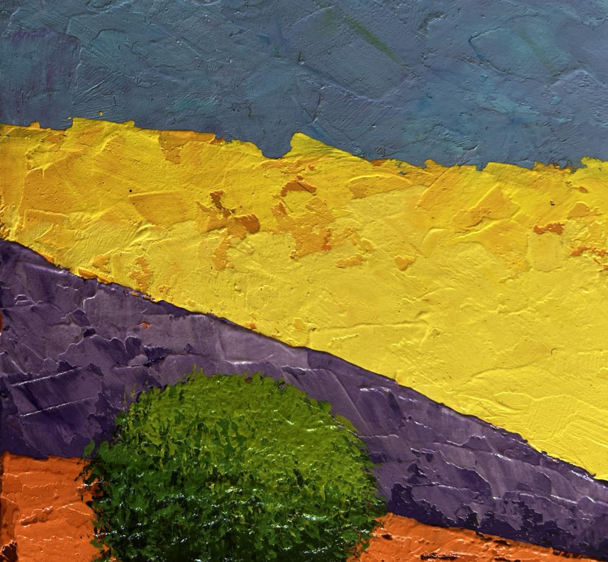 Oil painting Flaming mountain peaks V. Zadorozhnya vibrant abstract textured bands