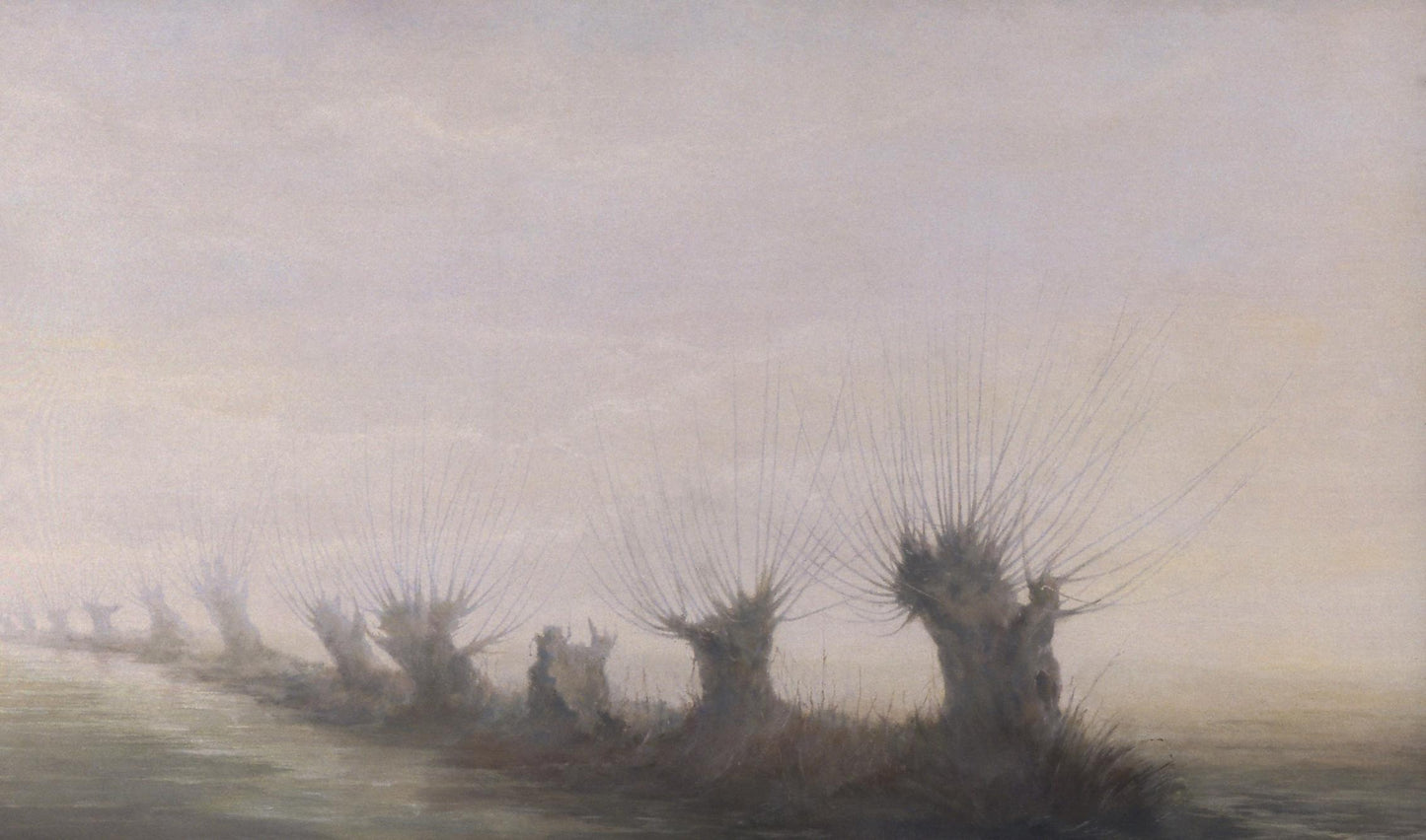 Oil painting Early spring by Vasily Korkishko: misty spiky windmills in fog