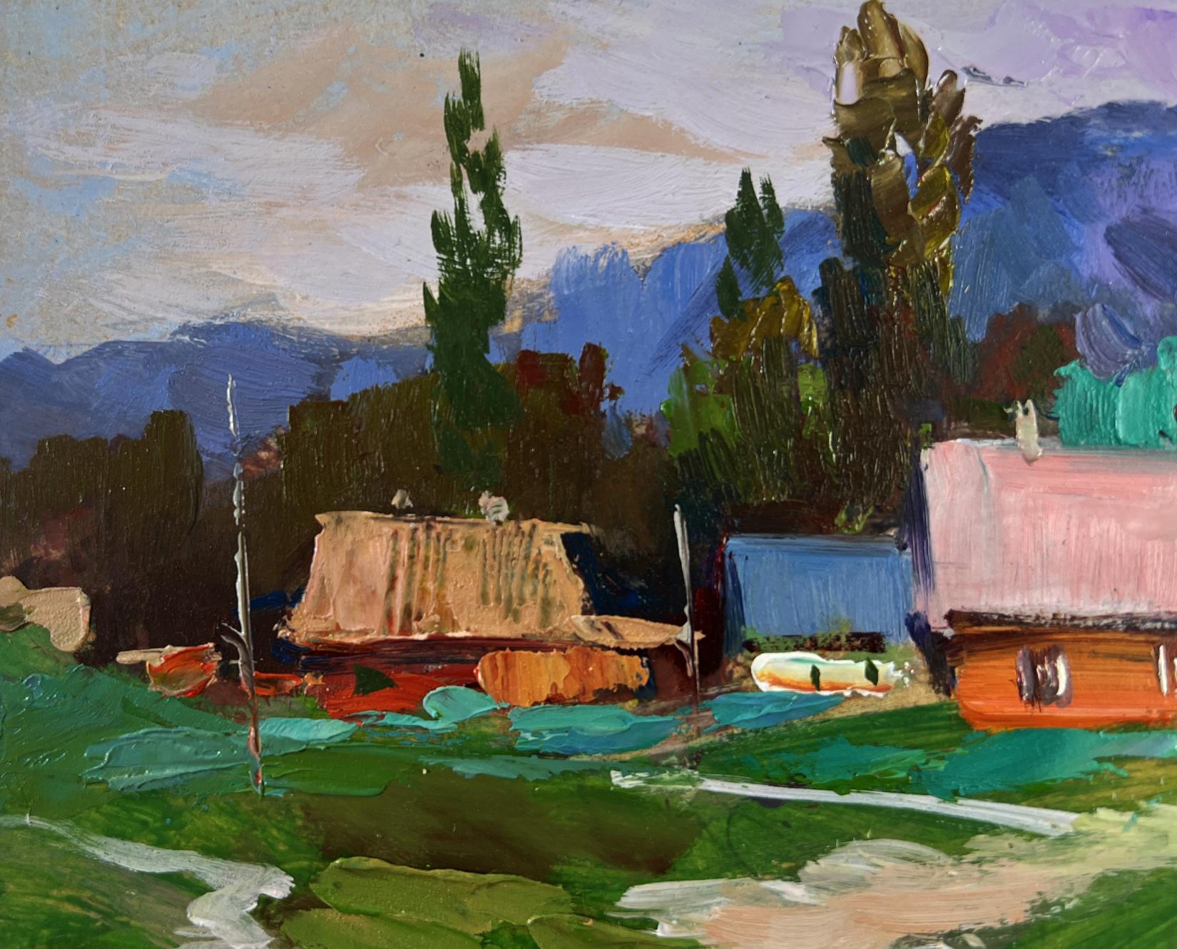 Vibrant impressionist oil painting of Yuriy Suprunyuks quiet village on rolling hills