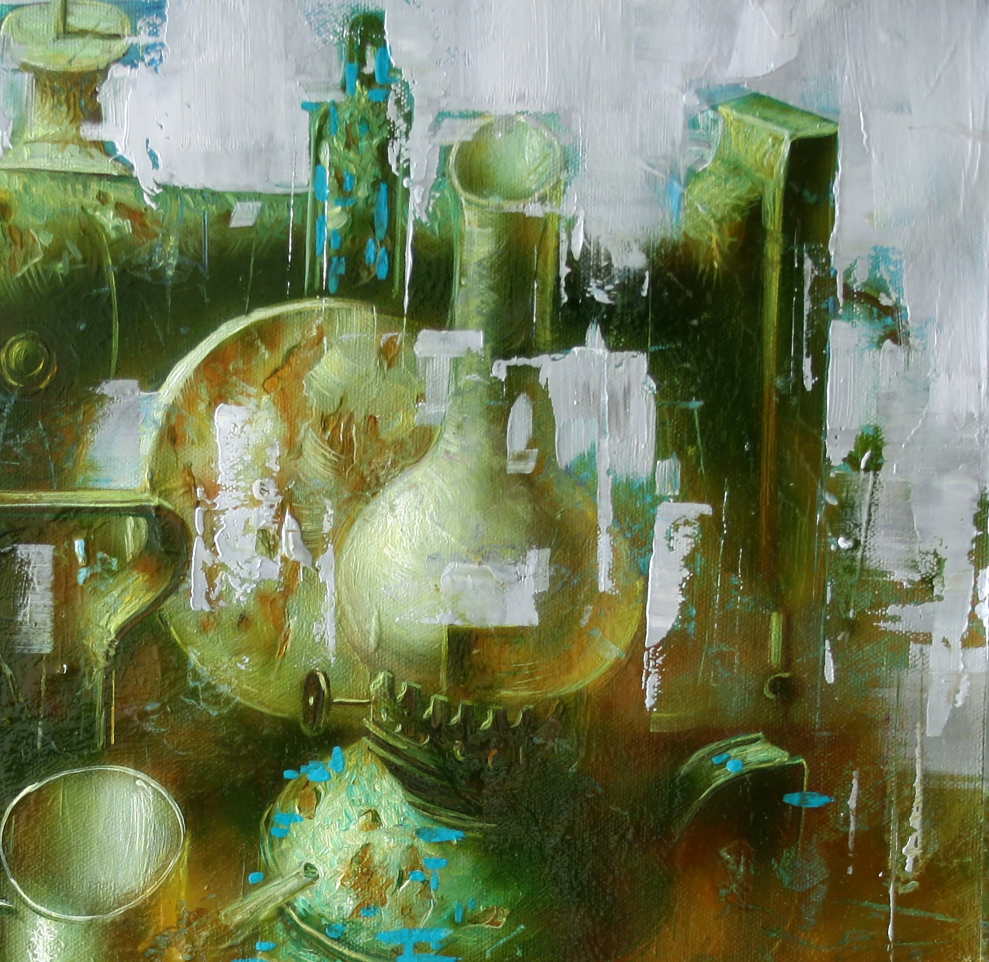 Oil painting of greenish-golden glass bottle by Alexander Dobrodiy