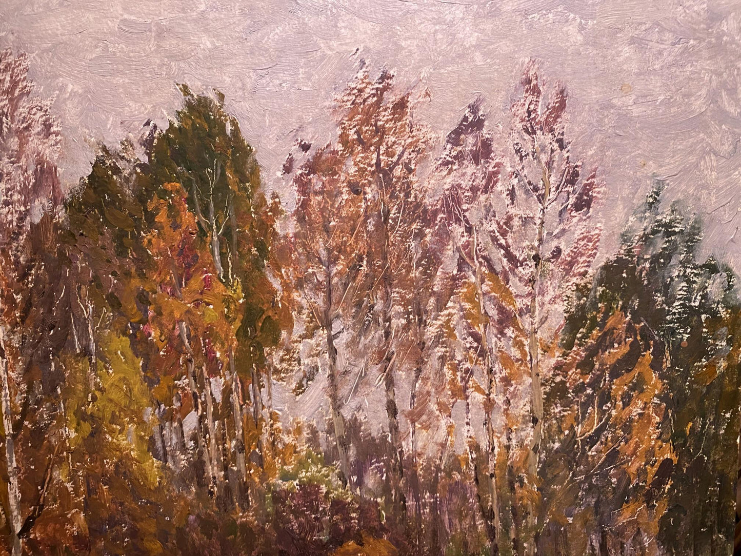 Oil painting Late fall Yuriy Zlyden: autumn birch forest textured canvas