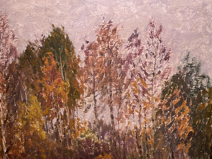 Oil painting Late fall Yuriy Zlyden: autumn birch forest textured canvas