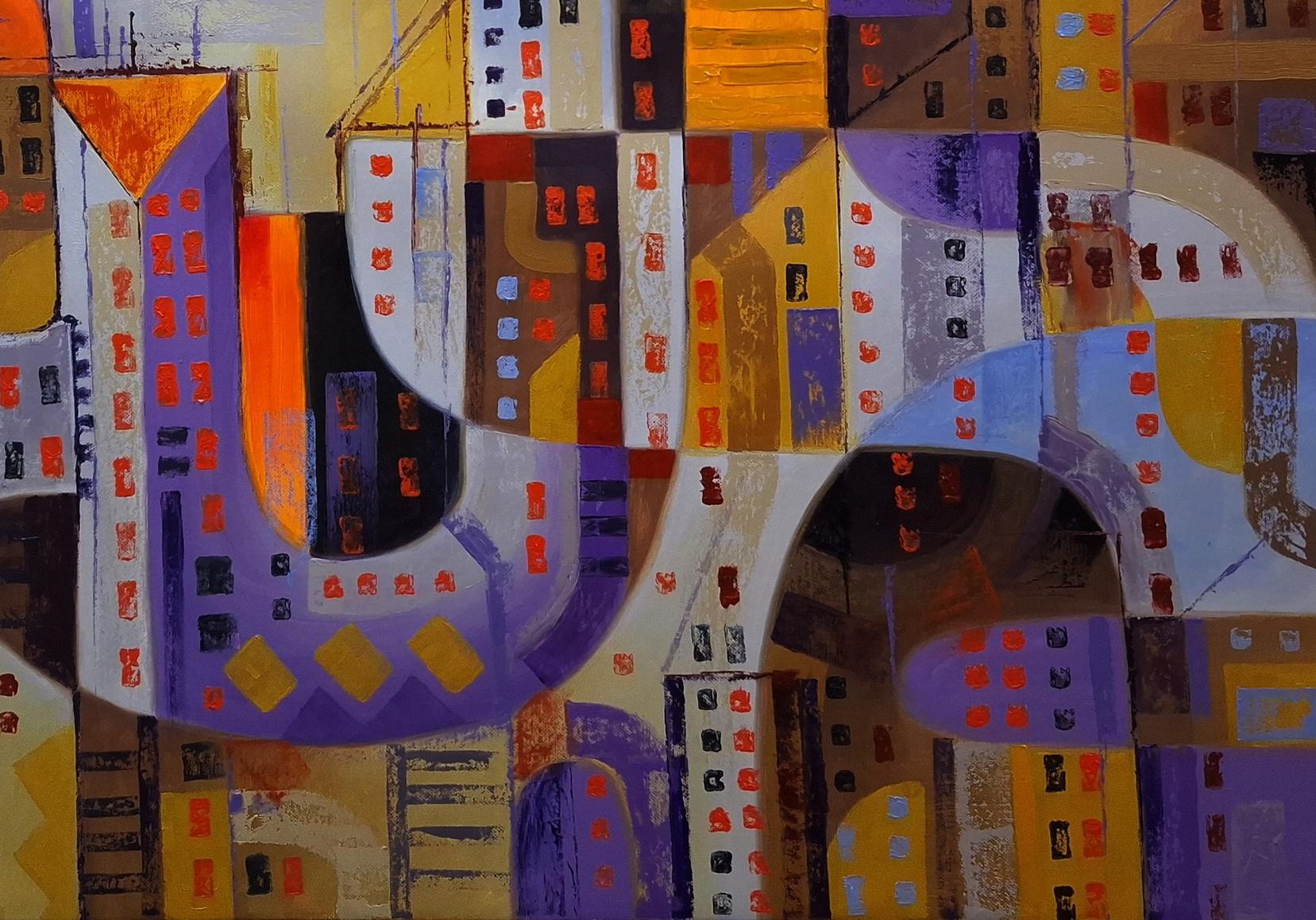 Oil painting Urban sunset by Sergiy Voichenko: abstract geometric cityscape