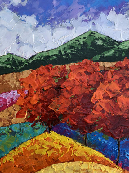 Vibrant impressionist oil painting of three red-orange trees and green mountains by V. Zadorozhnya