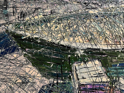Oil painting Porto by Serhiy Kovalev with bold green, yellow, purple brushstrokes