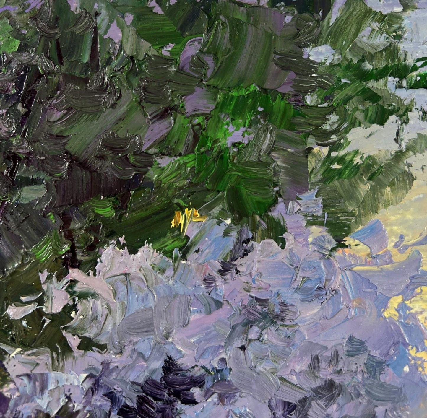 Vibrant impressionist oil painting by Boris Serdyuk: lush green foliage, purple blossoms, yellow flower