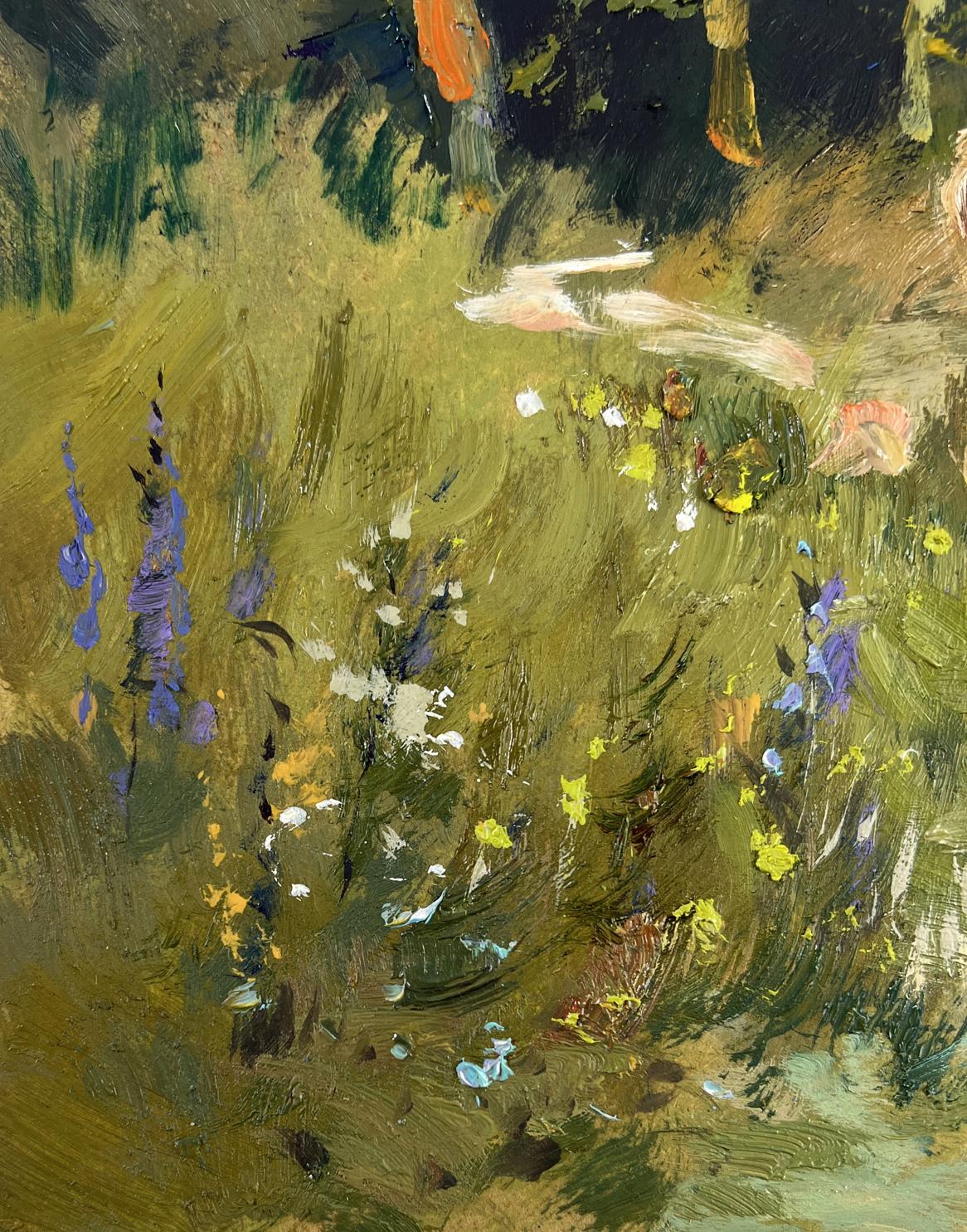 Vibrant impressionist meadow with purple yellow wildflowers by Yuriy Suprunchuk