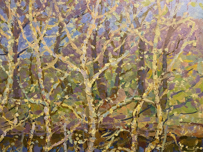 Oil painting April Awakening by Grigoriy Ruban: textured bare branches in yellows, purples, blue sky
