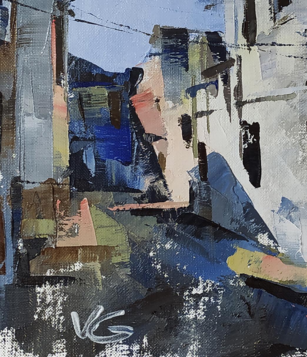 Abstract oil painting of city streets by Volodymyr Gluhomanyuk in blue tones