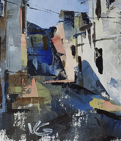 Abstract oil painting of city streets by Volodymyr Gluhomanyuk in blue tones