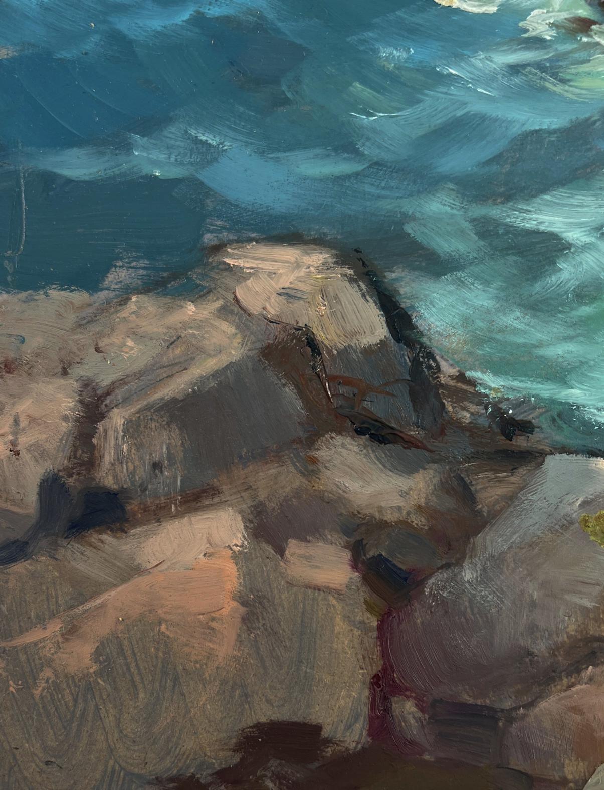Oil painting of textured rocks off coast by Yuriy Suprunchuk