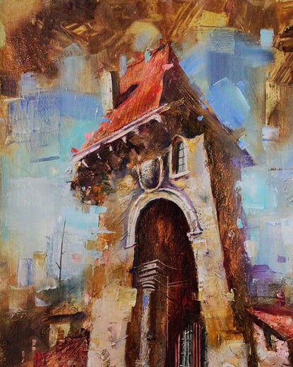 Oil painting Memories Alexander Dobrodiy: textured stone archway with red-tiled roof