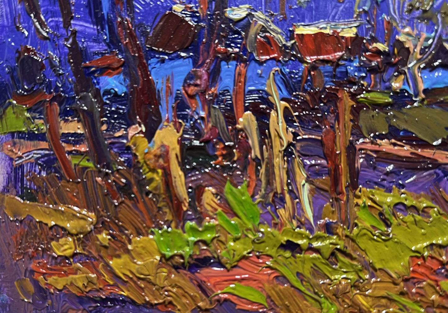 Oil painting Moonlight blue by Oksana Ivanyuk: stylized forest in blue, green, brown